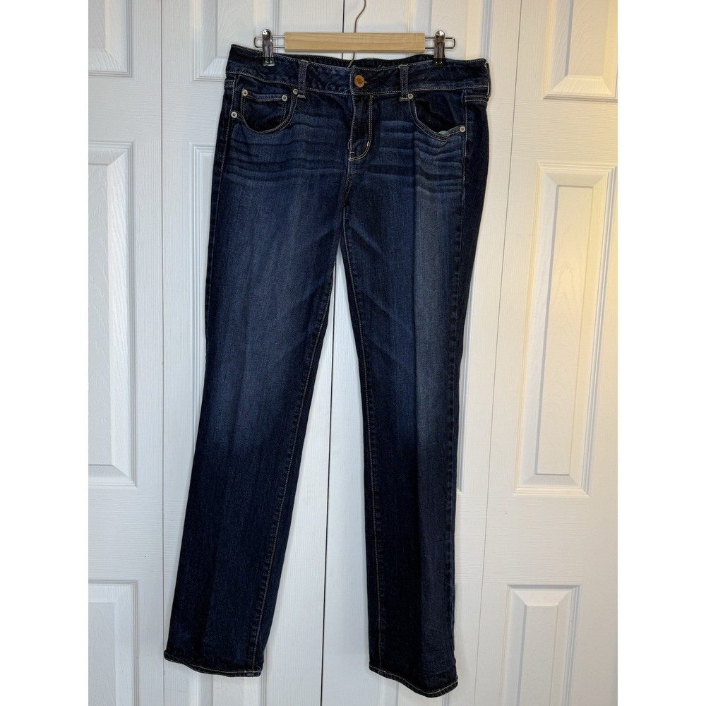American Eagle Jeans Straight Stretch Dark Wash Whiskering Mid Rise Sz 14 X-Long